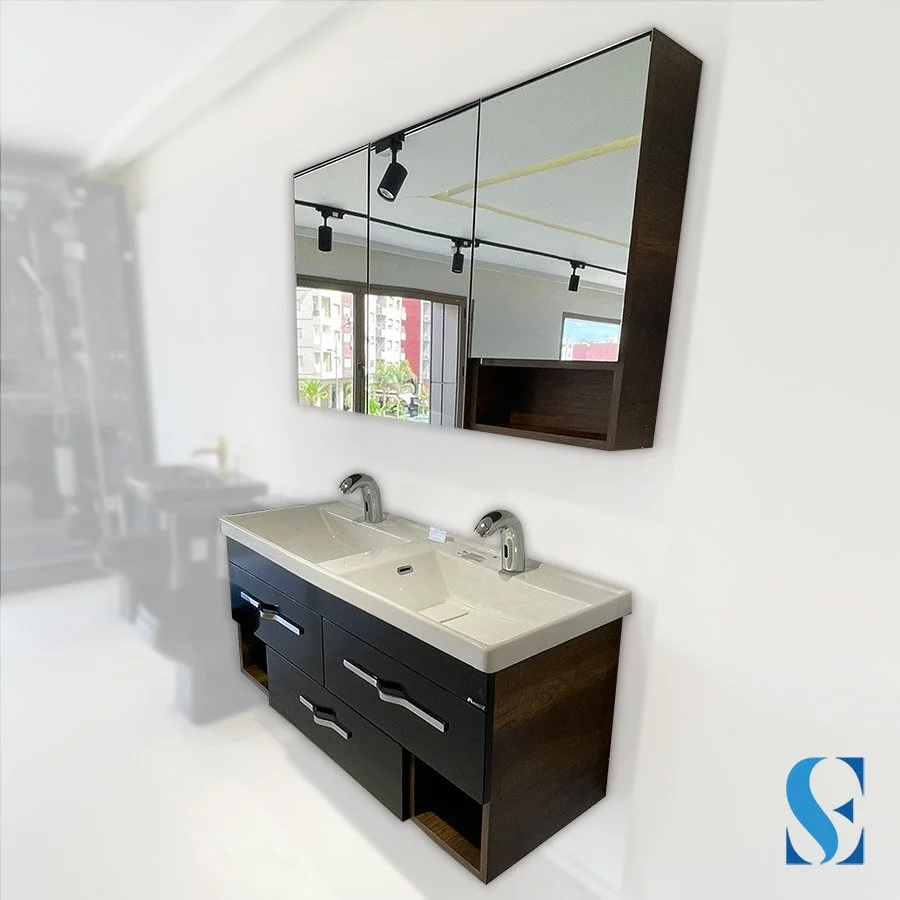 Meuble suspendu Leon marron noir double vasque 120cm – Image 3