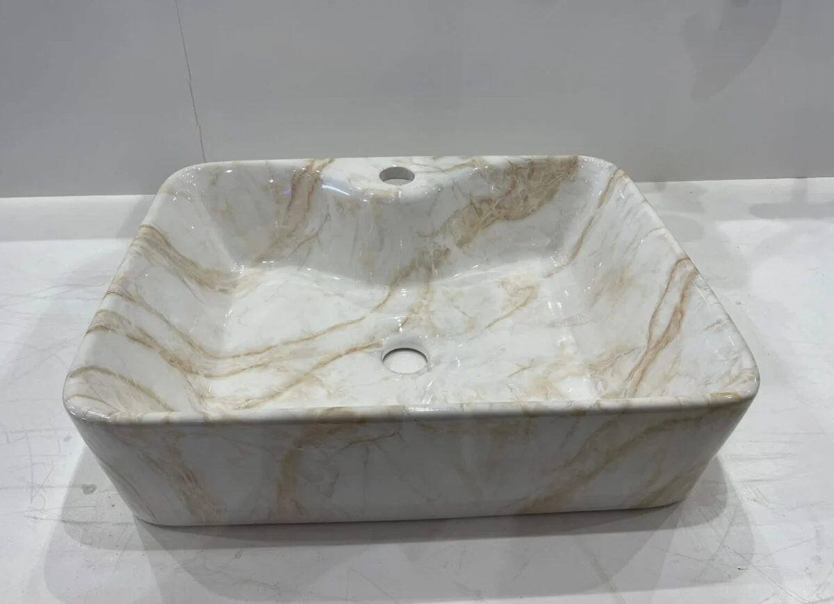 BK vasque a poser carre marbre blanc beige avec trou 49X38X14 – Image 1