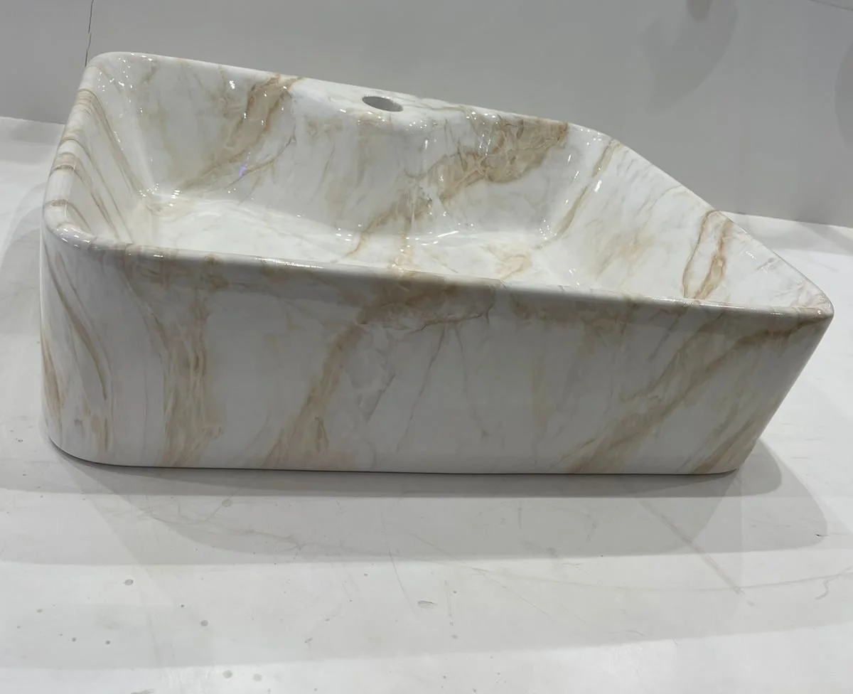 BK vasque a poser carre marbre blanc beige avec trou 49X38X14 – Image 2