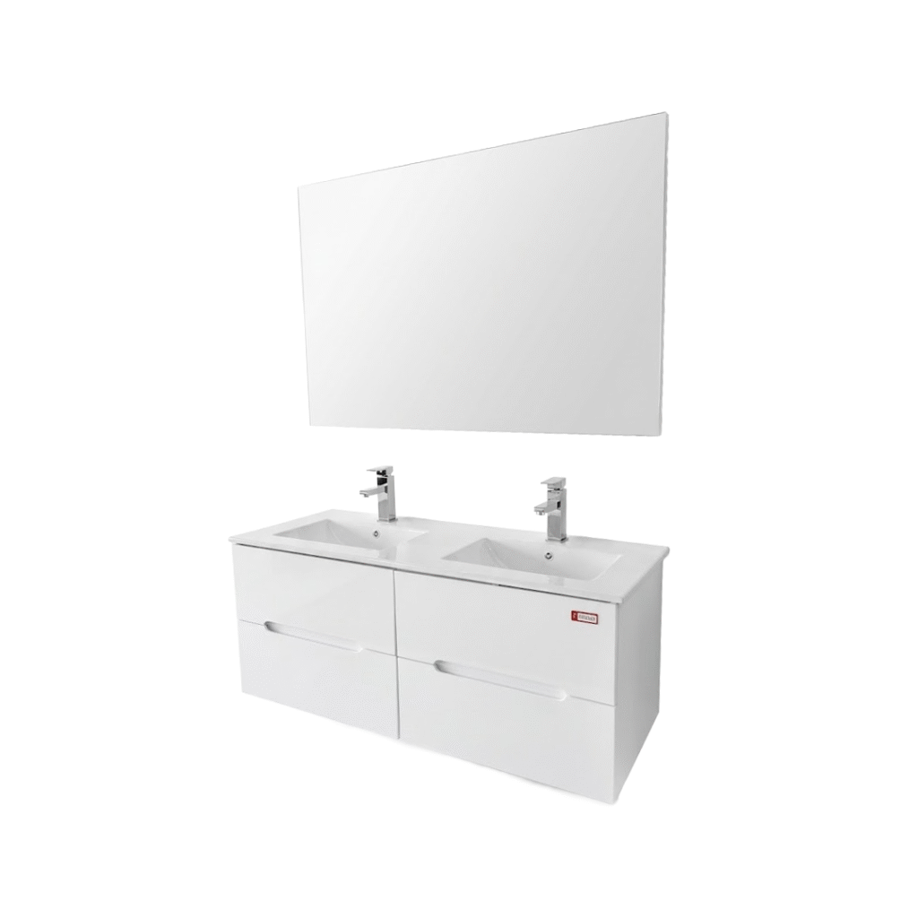 Meuble de salle de bain suspendu double vasque Faensa meuble 120 cm PVC blanc brillant, avec deux mitigeurs chromés et grand miroir rectangulaire.