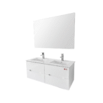 Meuble de salle de bain suspendu double vasque Faensa meuble 120 cm PVC blanc brillant, avec deux mitigeurs chromés et grand miroir rectangulaire.