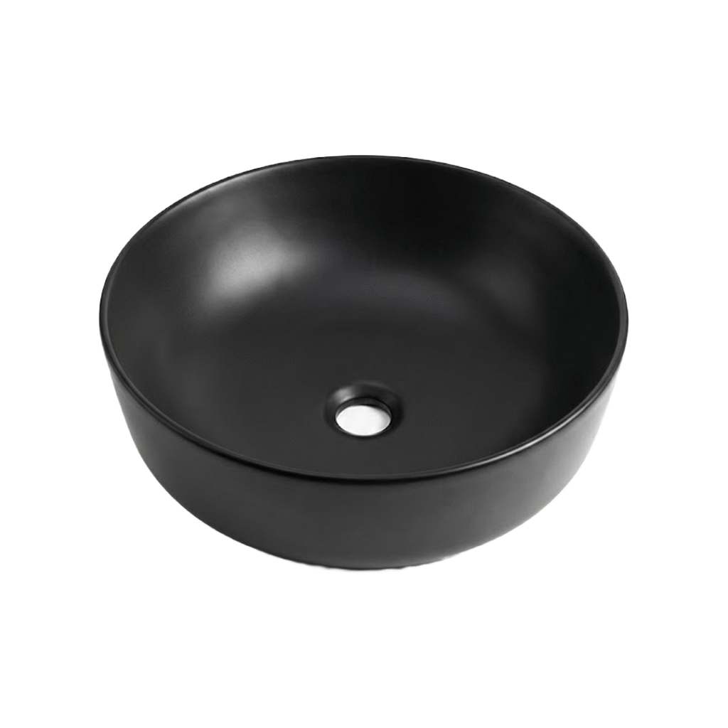 Vasque à poser ronde noir mat Perla en céramique, vue de trois quarts en angle.