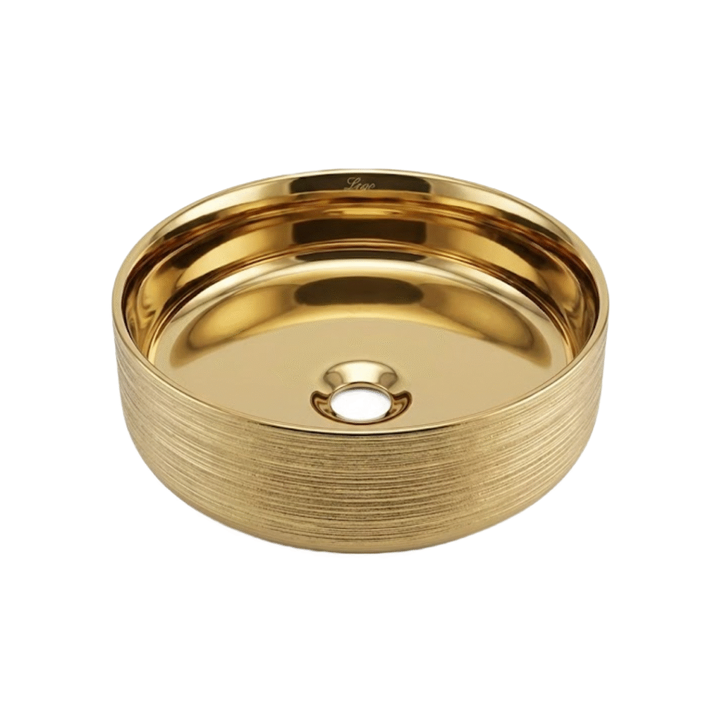 Vasque à poser ronde Perla en céramique Gold Bronze, finition extérieure texturée, vue de trois quarts