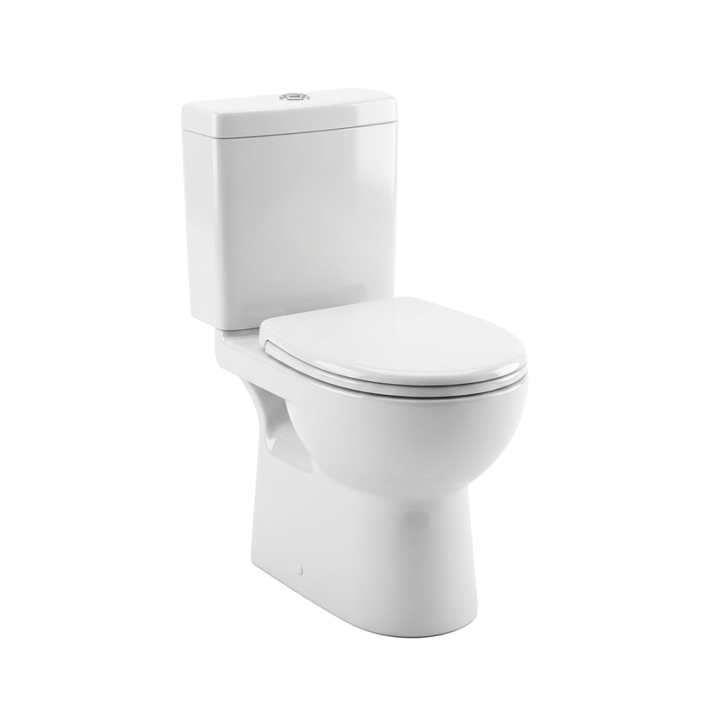 Bloc WC à poser Sanyaccess en céramique blanche avec réservoir attenant, vue de face. Le WC est équipé d'un abattant blanc standard