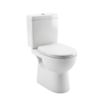 Bloc WC à poser Sanyaccess en céramique blanche avec réservoir attenant, vue de face. Le WC est équipé d'un abattant blanc standard