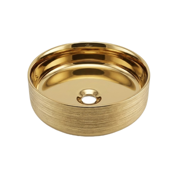 Vasque à poser ronde Perla en céramique Gold Bronze, finition extérieure texturée, vue de trois quarts