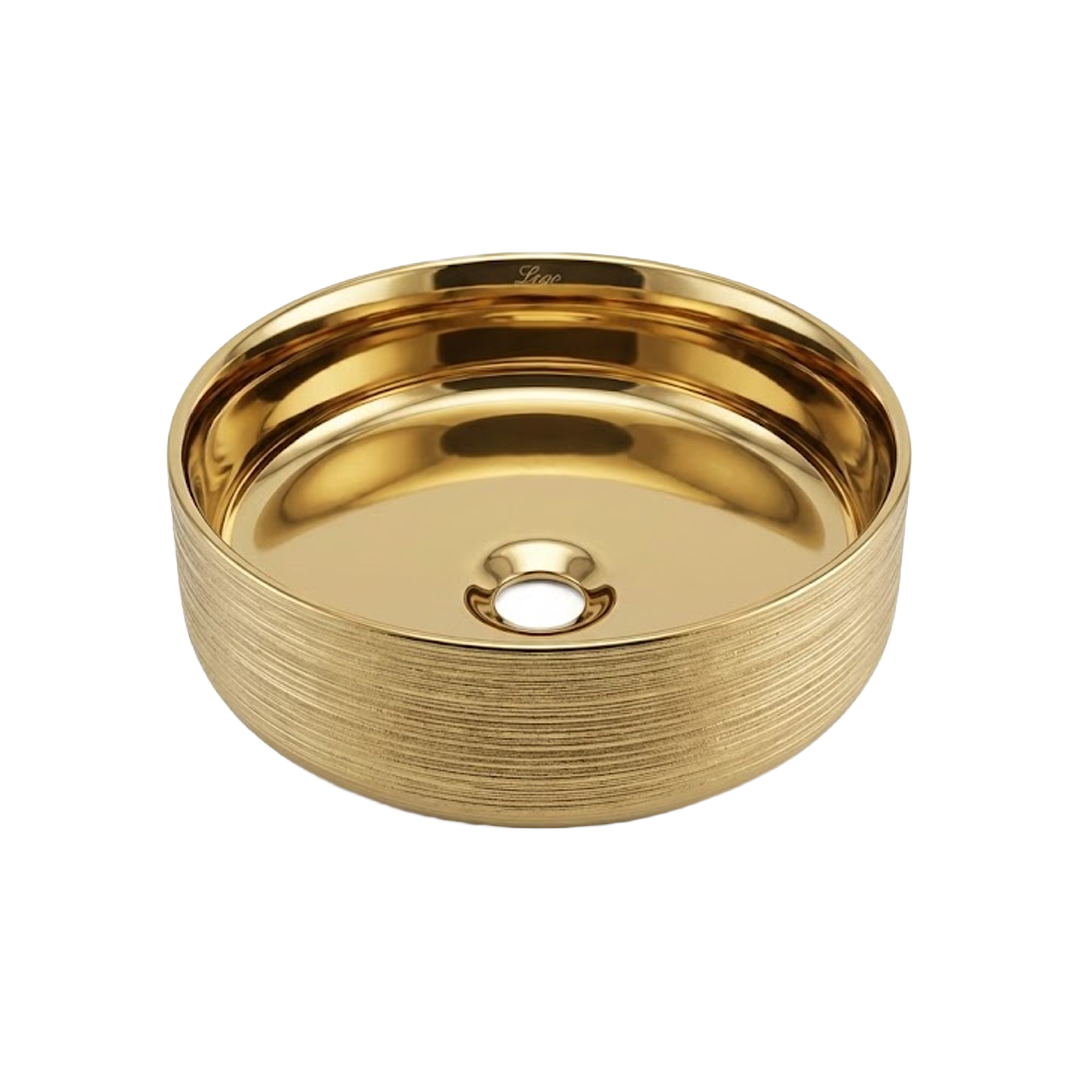 Perla vasque à poser Gold Bronze ronde Vasque à poser ronde Perla en céramique Gold Bronze, finition extérieure texturée, vue de trois quarts