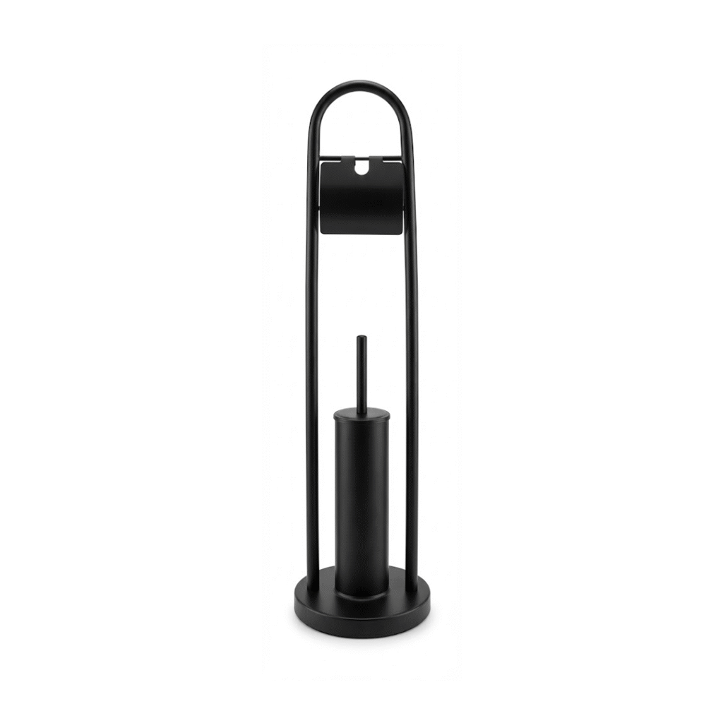 Support de toilette autoportant en métal noir mat, comprenant un Porte-brosse et porte-papier toilette à conteneur discret en bas.