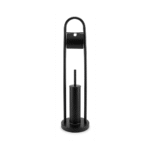 Support de toilette autoportant en métal noir mat, comprenant un Porte-brosse et porte-papier toilette à conteneur discret en bas.
