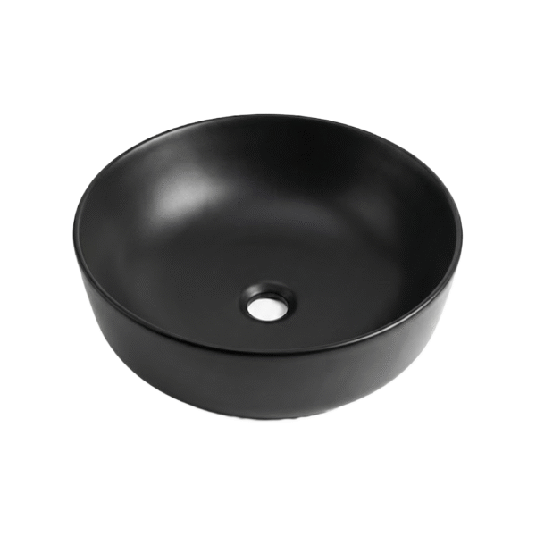 Vasque à poser ronde noir mat Perla en céramique, vue de trois quarts en angle.