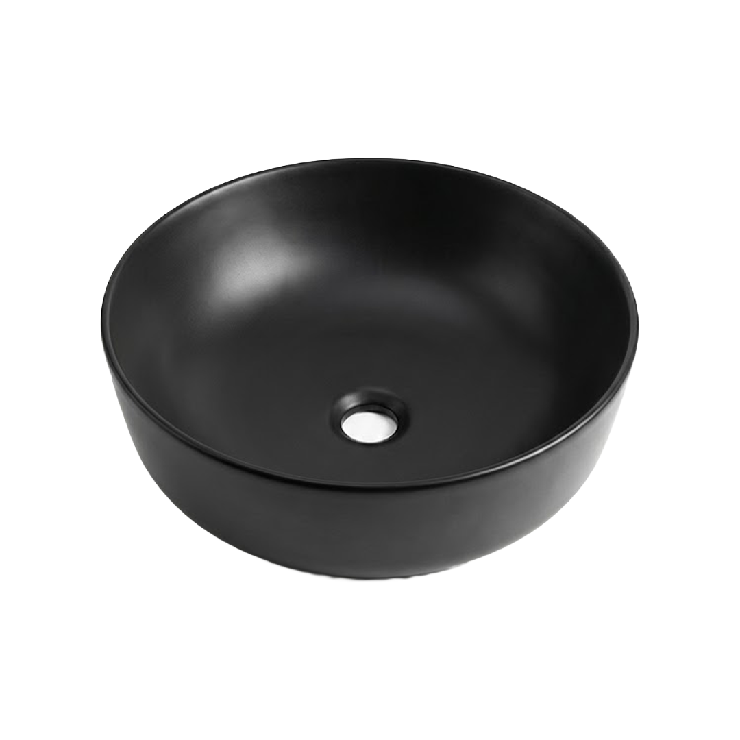 Vasque à poser noir mat rond Perla Vasque à poser ronde noir mat Perla en céramique, vue de trois quarts en angle.