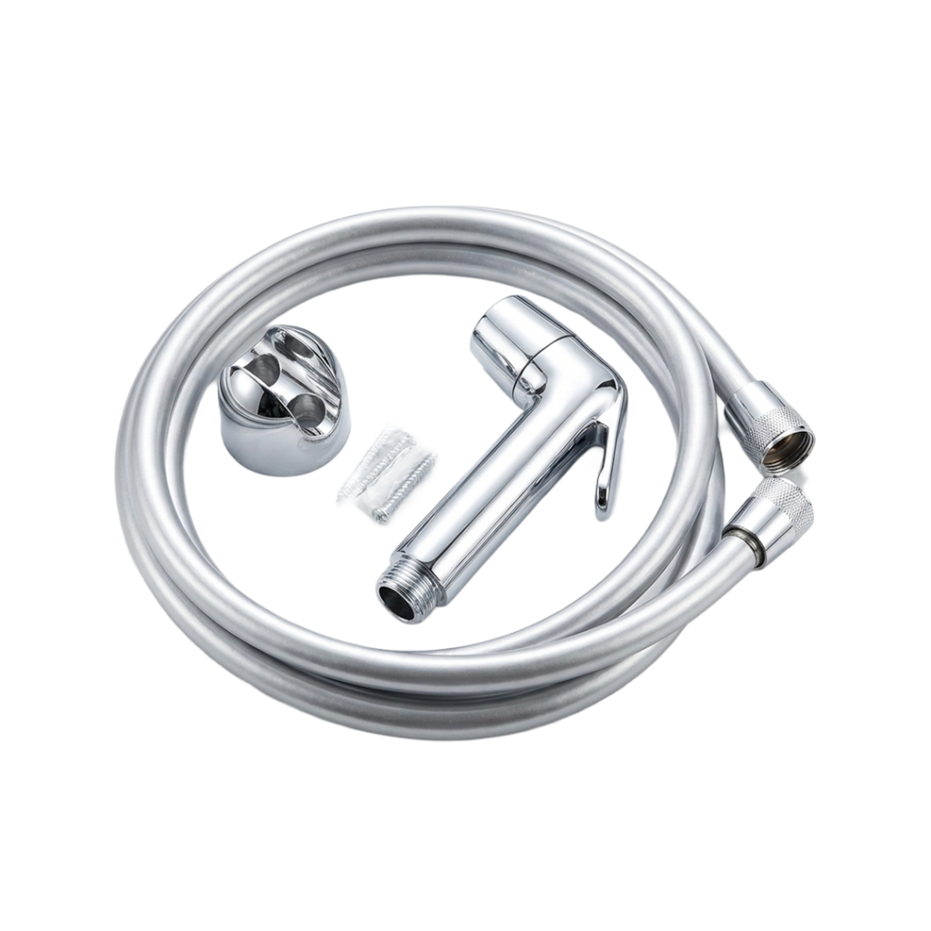 Kit WC chrome avec flexible MC, support et fixations.