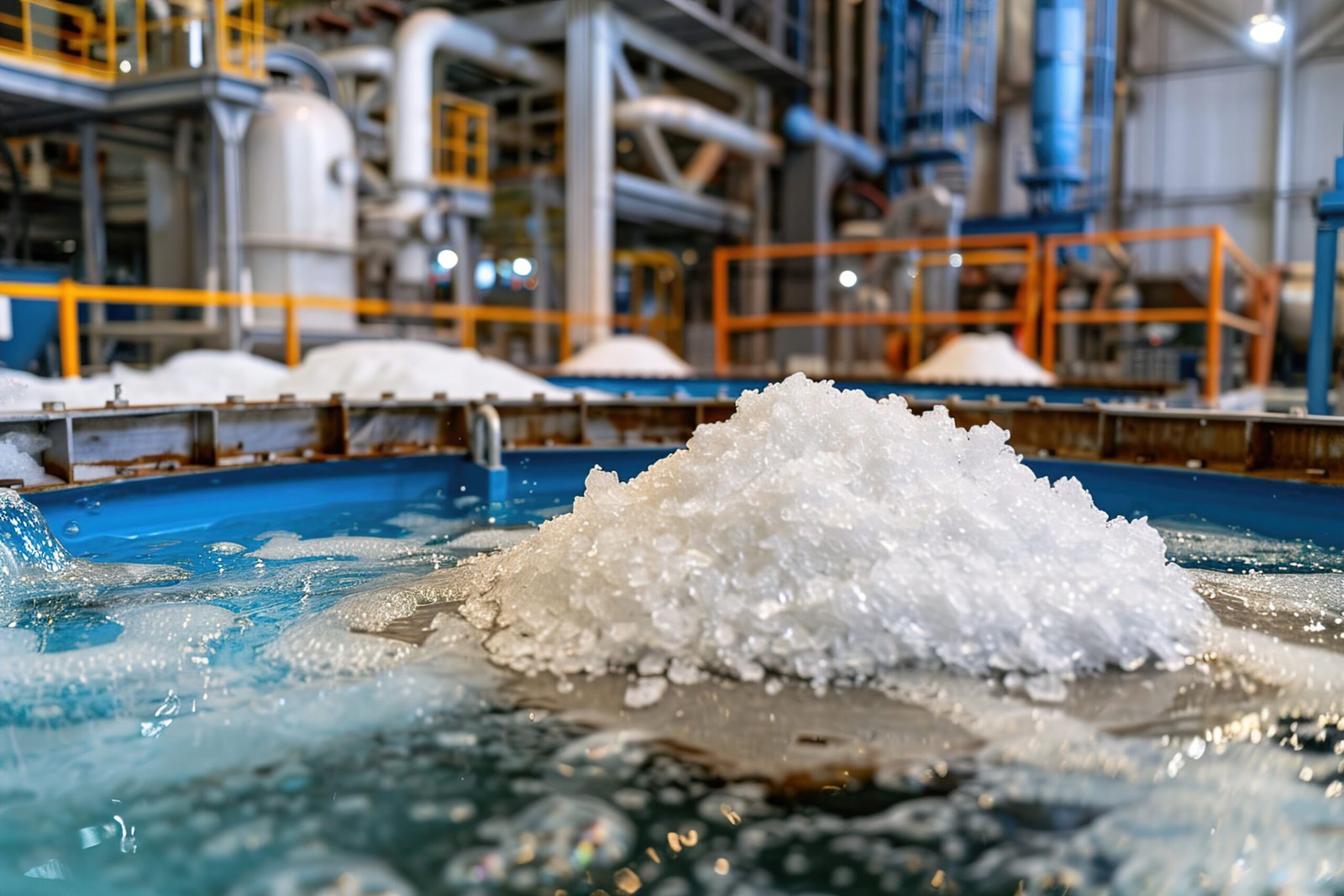 large pile ammonium sulfate inside spacious dimly lit chemical plant warehouse scaled