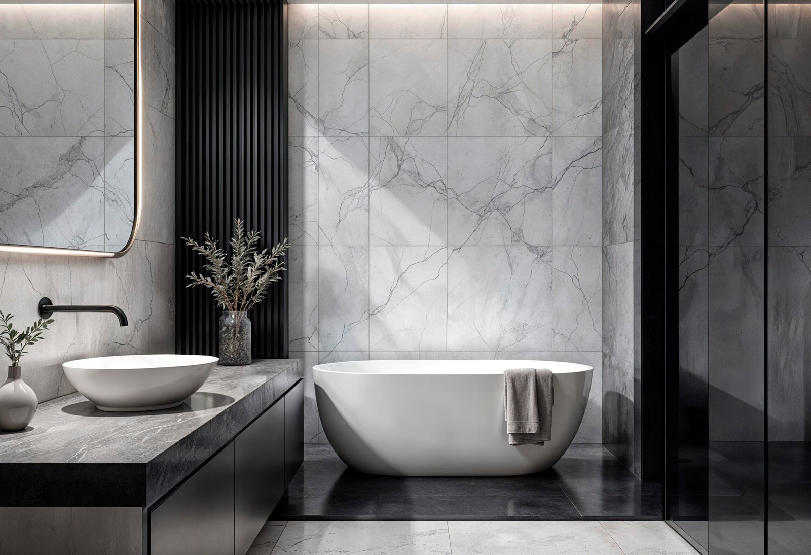 modern bathroom with marble tiles white bathtub scaled